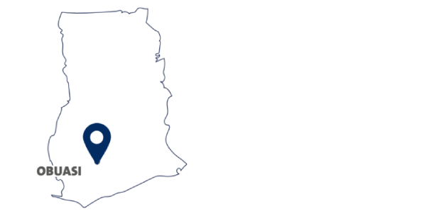 Visual showing the city of Obuasi on the map of Ghana